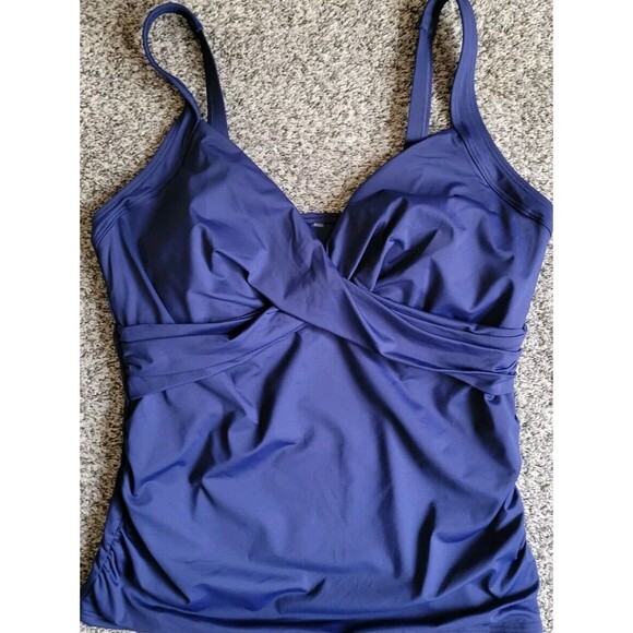 Swim Top Navy 16 DD Solid Wrap Front Tummy Control (L) Underwire Lands End S65 - Picture 1 of 7